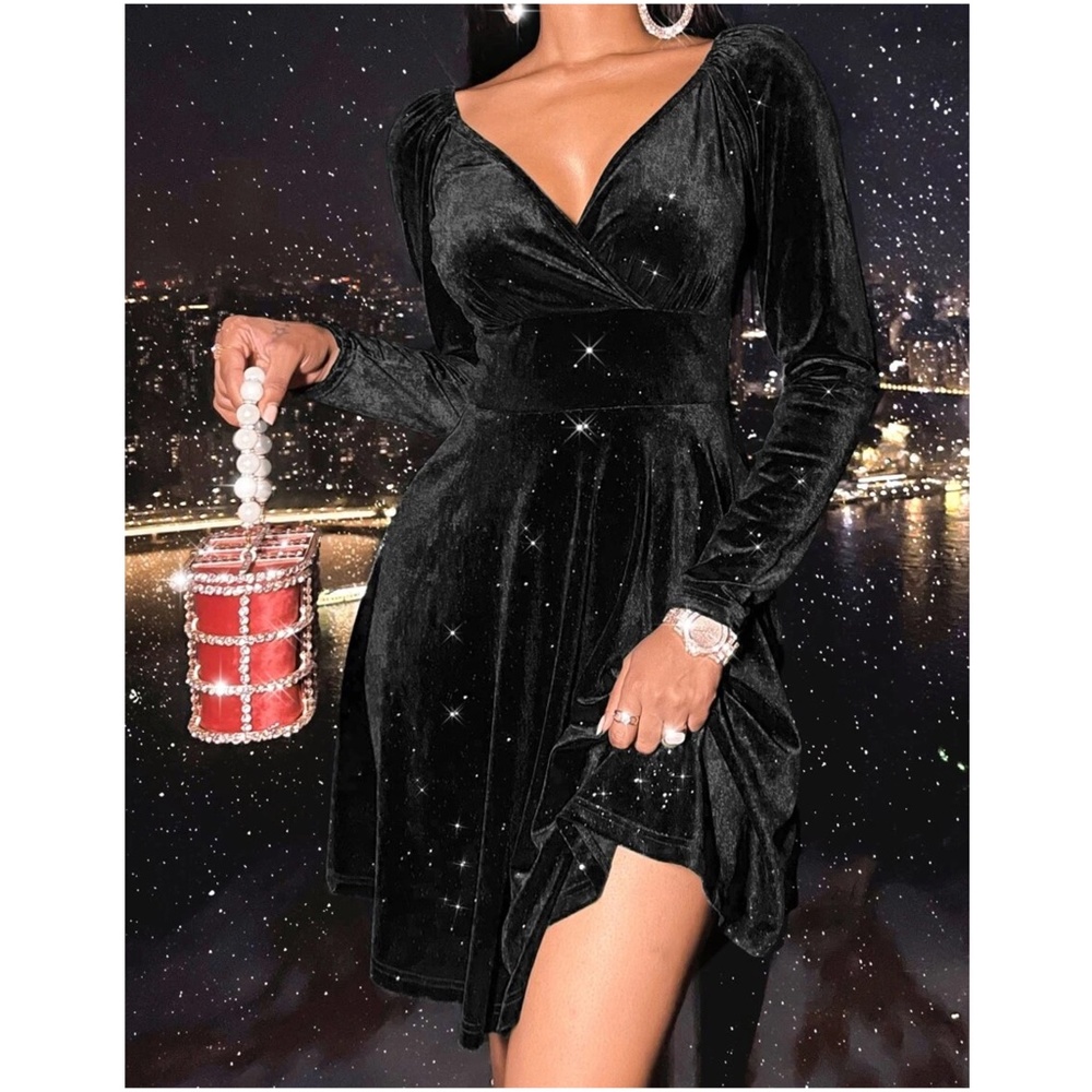Luxe Surplice Velvet Long Sleeve Party Evening Dress - Picture 3 of 11